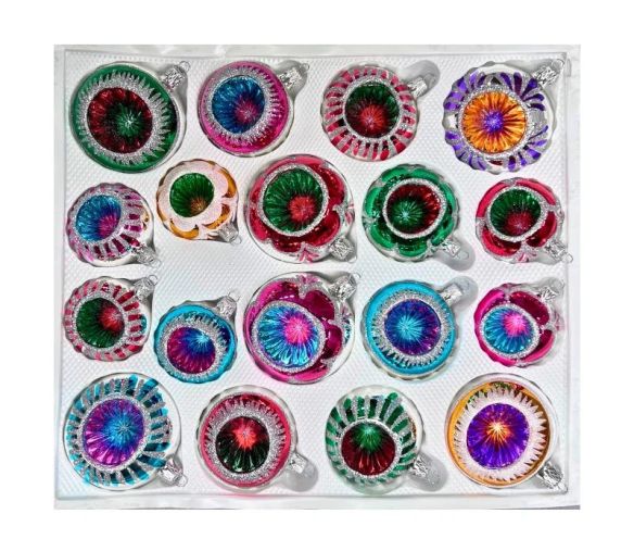 Coffret 18 boules de Noël en verre soufflé bicolore motifs pailletés argentés variés réflecteurs multicolores 8cm 7cm 6cm