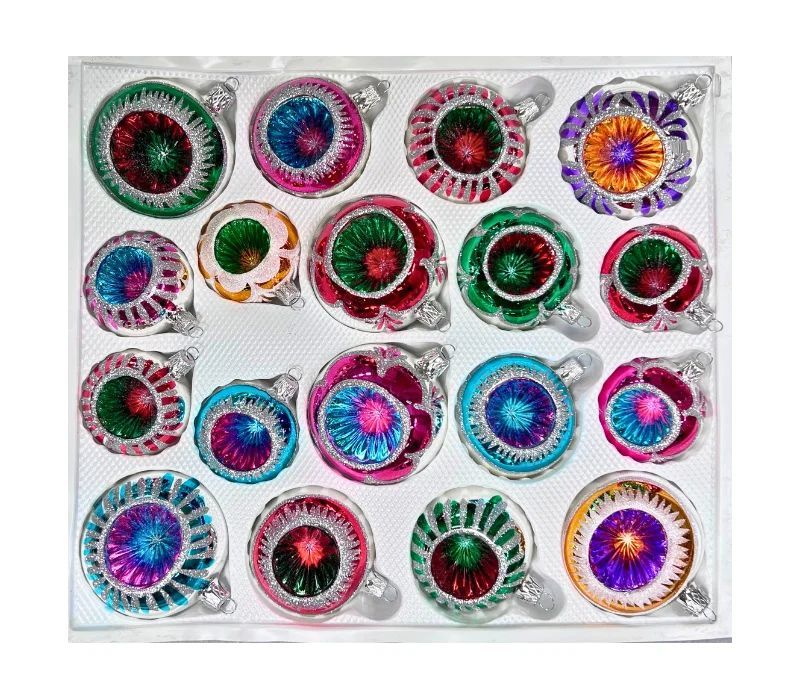 Coffret 18 boules de Noël en verre soufflé bicolore motifs pailletés argentés variés réflecteurs multicolores 8cm 7cm 6cm