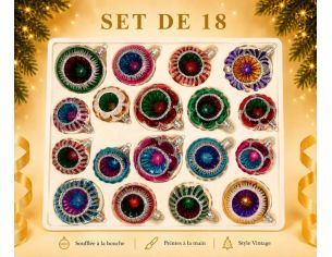 Coffret 18 boules de Noël en verre soufflé bicolore motifs pailletés argentés variés réflecteurs multicolores 8cm 7cm 6cm