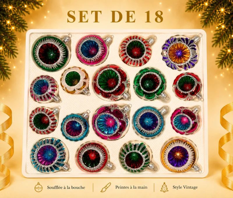 Coffret 18 boules de Noël en verre soufflé bicolore motifs pailletés argentés variés réflecteurs multicolores 8cm 7cm 6cm