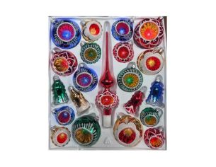 Coffret 21 pièces de Noël en verre soufflé motifs pailletés blancs variés réflecteurs multicolores