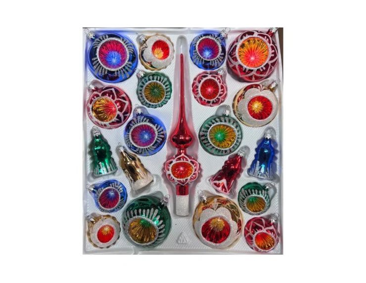 Coffret 21 pièces de Noël en verre soufflé motifs pailletés blancs variés réflecteurs multicolores