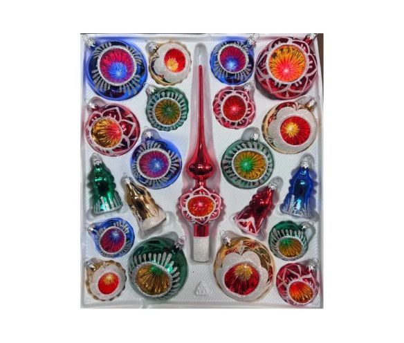 Coffret 21 pièces de Noël en verre soufflé motifs pailletés blancs variés réflecteurs multicolores