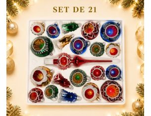 Coffret 21 pièces de Noël en verre soufflé motifs pailletés blancs variés réflecteurs multicolores