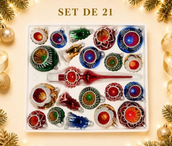 Coffret 21 pièces de Noël en verre soufflé motifs pailletés blancs variés réflecteurs multicolores