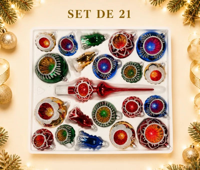 Coffret 21 pièces de Noël en verre soufflé motifs pailletés blancs variés réflecteurs multicolores