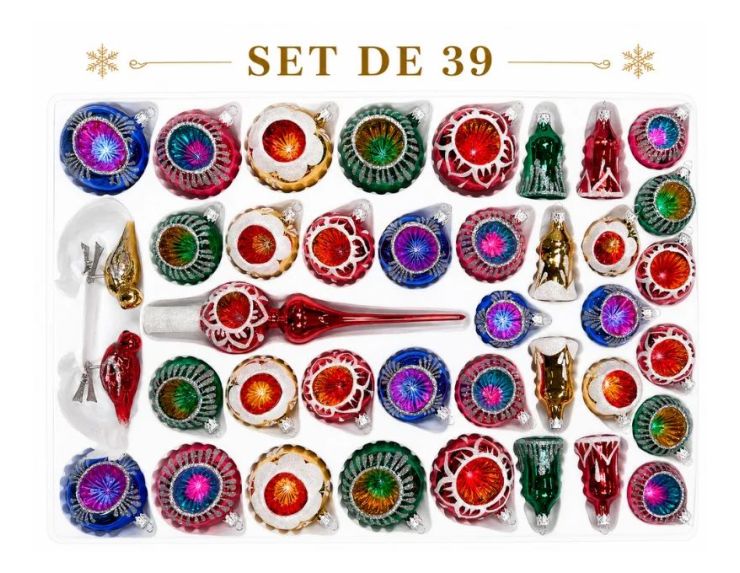 Coffret 39 décorations de Noël en verre soufflé boules à réflecteur gouttes suspensions