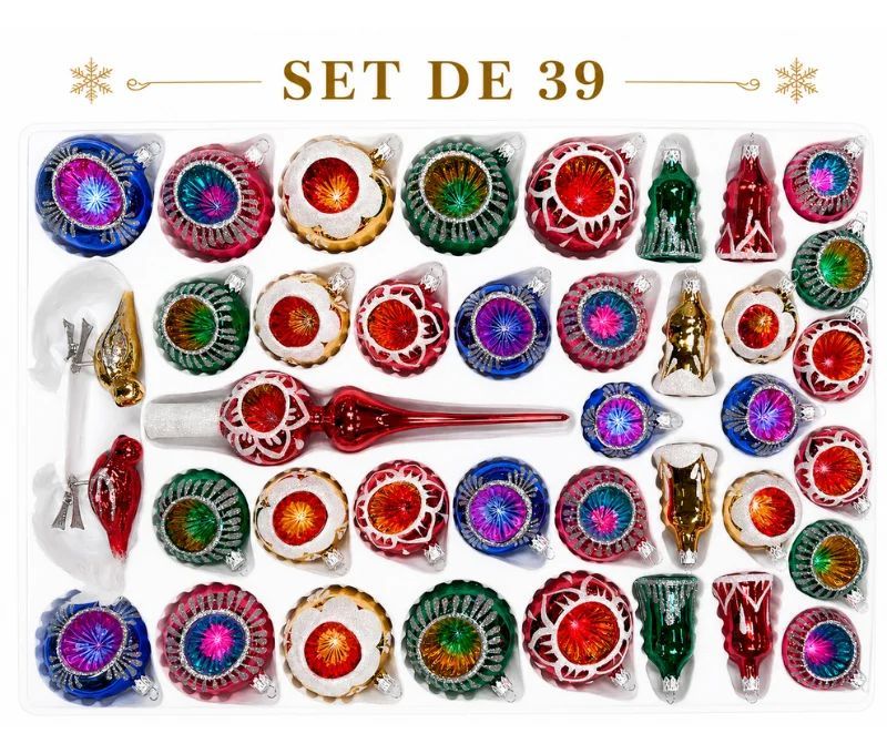 Coffret 39 décorations de Noël en verre soufflé boules à réflecteur gouttes suspensions