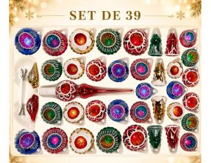 Coffret 39 décorations de Noël en verre soufflé boules à réflecteur gouttes suspensions