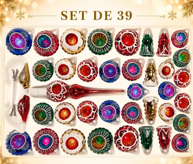 Coffret 39 décorations de Noël en verre soufflé boules à réflecteur gouttes suspensions