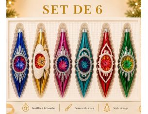 Coffret 6 gouttes de Noël en verre soufflé réflecteur central motifs pailletés argentés