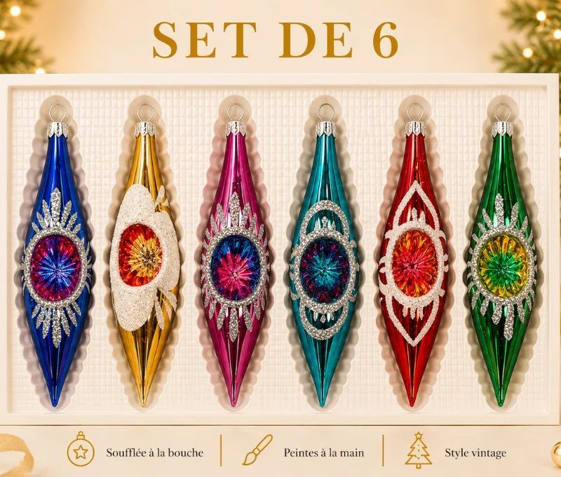 Coffret 6 gouttes de Noël en verre soufflé réflecteur central motifs pailletés argentés