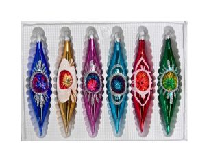 Coffret 6 gouttes de Noël en verre soufflé réflecteur central motifs pailletés argentés