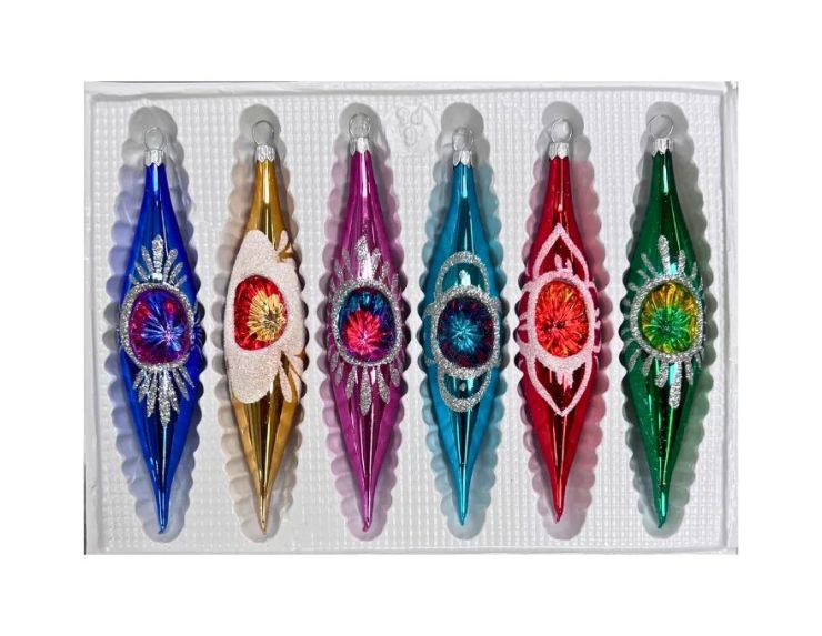 Coffret 6 gouttes de Noël en verre soufflé réflecteur central motifs pailletés argentés