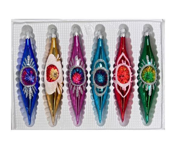 Coffret 6 gouttes de Noël en verre soufflé réflecteur central motifs pailletés argentés