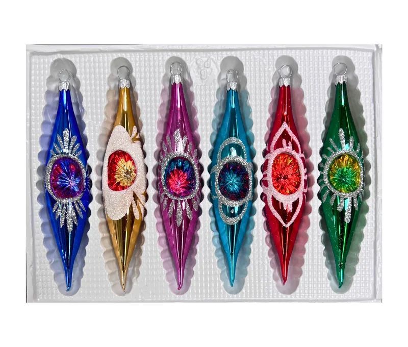 Coffret 6 gouttes de Noël en verre soufflé réflecteur central motifs pailletés argentés