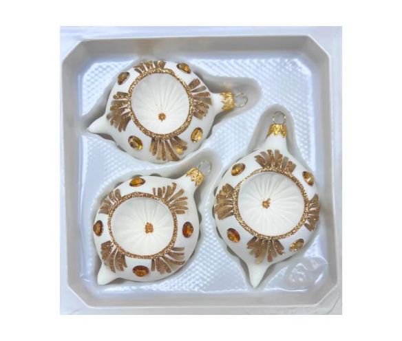 Coffret 3 gouttes de Noël en verre blanc et doré réflecteur central Ø7cm