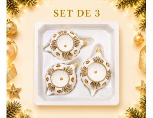 Coffret 3 gouttes de Noël en verre blanc et doré réflecteur central Ø7cm