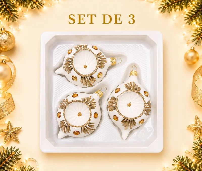 Coffret 3 gouttes de Noël en verre blanc et doré réflecteur central Ø7cm