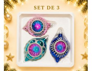 Coffret 3 gouttes de Noël en verre rétro réflecteur multicolore motifs pailletés argentés rose turquoise bleu Ø7cm