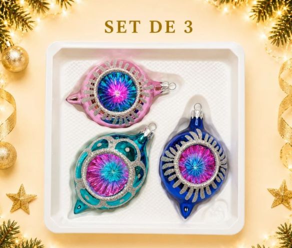 Coffret 3 gouttes de Noël en verre rétro réflecteur multicolore motifs pailletés argentés rose turquoise bleu Ø7cm