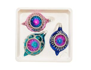 Coffret 3 gouttes de Noël en verre rétro réflecteur multicolore motifs pailletés argentés rose turquoise bleu Ø7cm