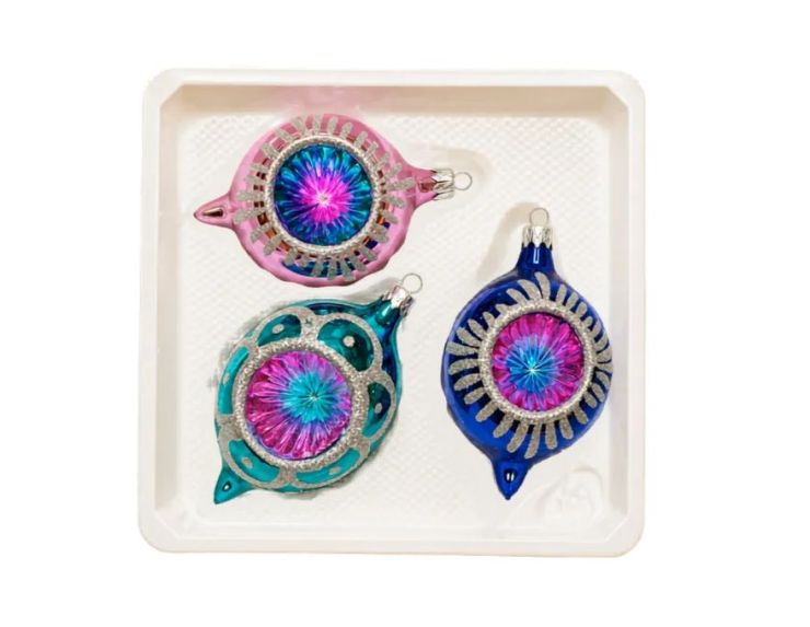 Coffret 3 gouttes de Noël en verre rétro réflecteur multicolore motifs pailletés argentés rose turquoise bleu Ø7cm