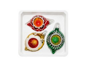 Coffret 3 gouttes de Noël en verre vintage motifs pailletés blancs réflecteur multicolore rouge doré vert Ø7cm