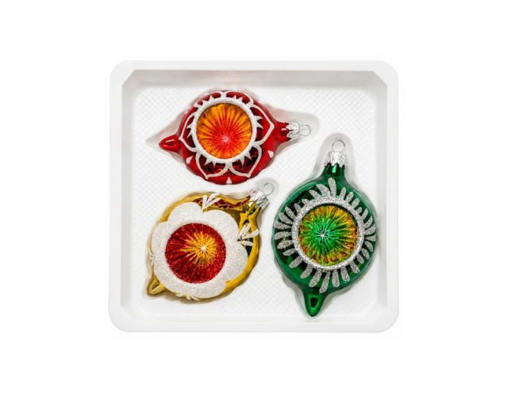 Coffret 3 gouttes de Noël en verre vintage motifs pailletés blancs réflecteur multicolore rouge doré vert Ø7cm