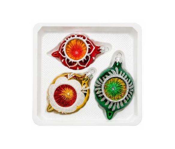 Coffret 3 gouttes de Noël en verre vintage motifs pailletés blancs réflecteur multicolore rouge doré vert Ø7cm