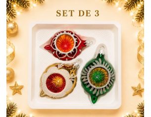 Coffret 3 gouttes de Noël en verre vintage motifs pailletés blancs réflecteur multicolore rouge doré vert Ø7cm