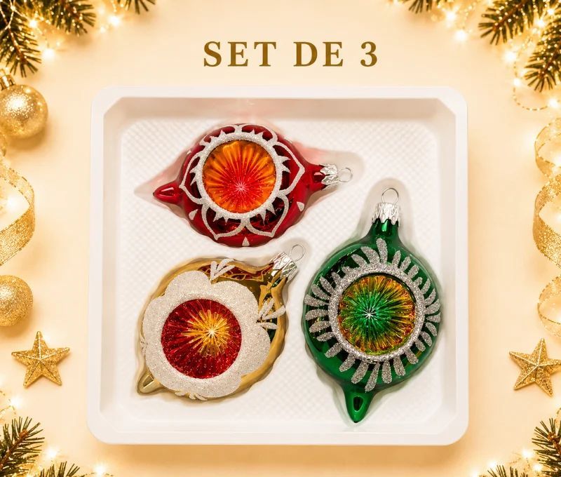 Coffret 3 gouttes de Noël en verre vintage motifs pailletés blancs réflecteur multicolore rouge doré vert Ø7cm