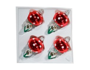 Set de 4 champignons de Noël en verre soufflé chapeau rouge à pois blancs pied argenté feuilles vertes H7cm