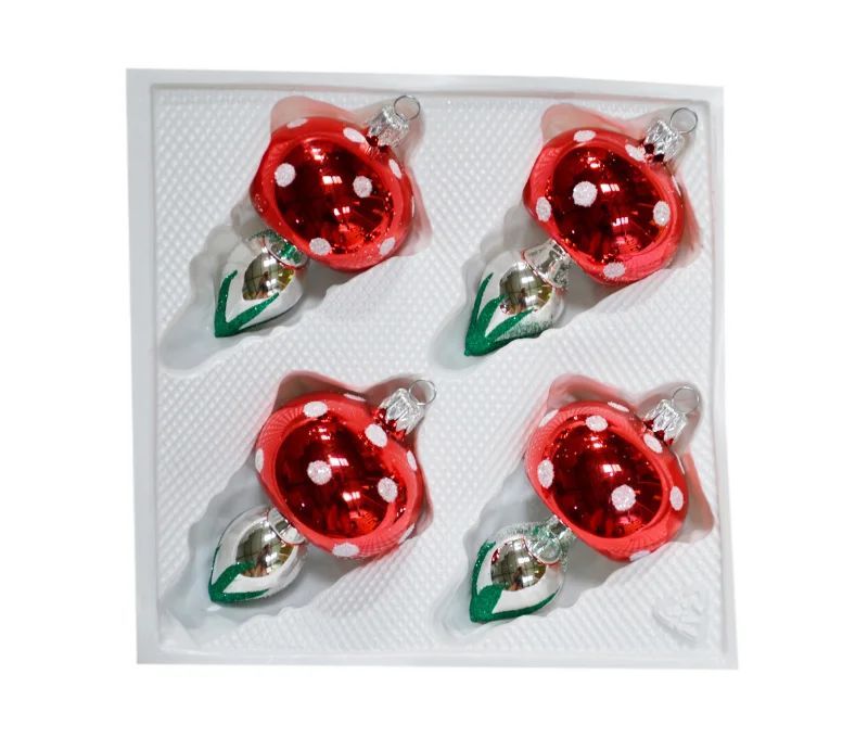 Set de 4 champignons de Noël en verre soufflé chapeau rouge à pois blancs pied argenté feuilles vertes H7cm