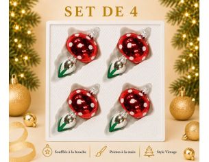 Set de 4 champignons de Noël en verre soufflé chapeau rouge à pois blancs pied argenté feuilles vertes H7cm