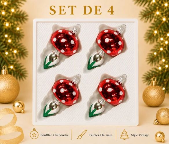 Set de 4 champignons de Noël en verre soufflé chapeau rouge à pois blancs pied argenté feuilles vertes H7cm
