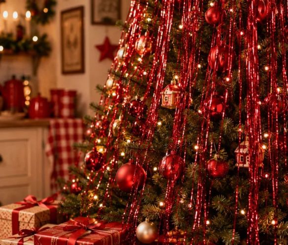 Cheveux d'ange lametta rouge brillant fibres scintillantes décoration sapin de Noël 1m