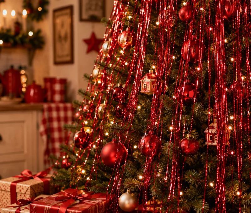 Cheveux d'ange lametta rouge brillant fibres scintillantes décoration sapin de Noël 1m