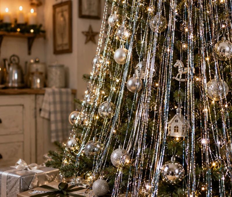 Cheveux d'ange lametta argenté brillant fibres scintillantes décoration sapin de Noël 1m