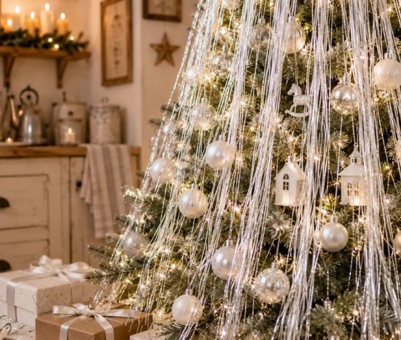 Cheveux d'ange lametta blanc brillant fibres scintillantes décoration sapin de Noël 1m
