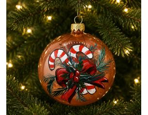 Boule de Noël en verre soufflé cappuccino translucide peinte à la main cannes à sucre rouge blanc ruban rouge sapin D10cm