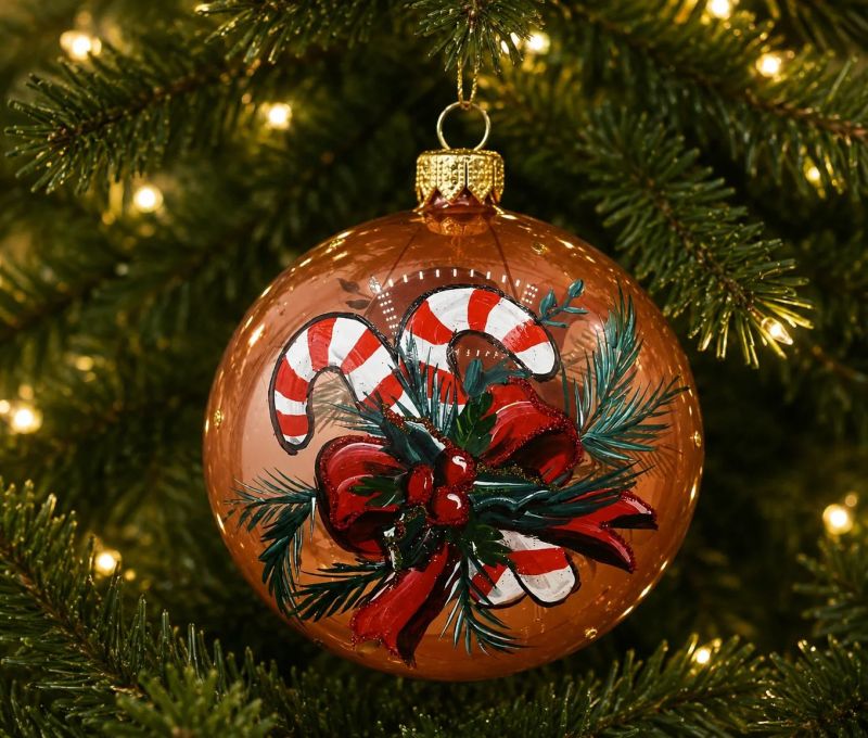 Boule de Noël en verre soufflé cappuccino translucide peinte à la main cannes à sucre rouge blanc ruban rouge sapin D10cm