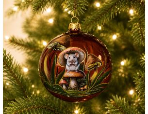 Boule de Noël en verre soufflé marron peinte à la main souris assise champignons détails dorés D10cm