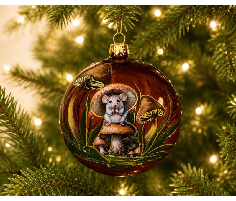 Boule de Noël en verre soufflé marron peinte à la main souris assise champignons détails dorés D10cm