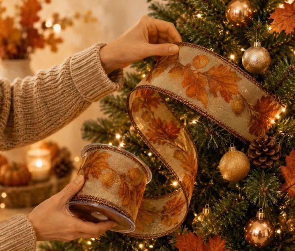 Ruban décoratif automne motifs feuilles et glands fil de fer intégré orange doré brun largeur 7cm longueur 9m