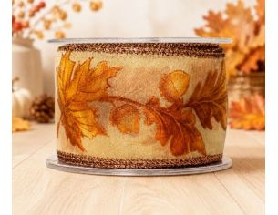 Ruban décoratif automne motifs feuilles et glands fil de fer intégré orange doré brun largeur 7cm longueur 9m
