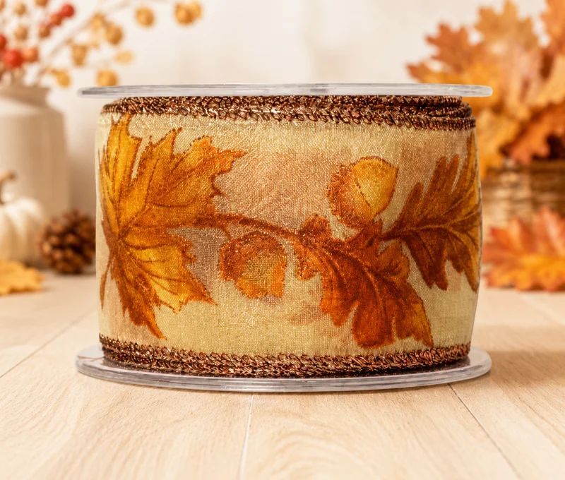 Ruban décoratif automne motifs feuilles et glands fil de fer intégré orange doré brun largeur 7cm longueur 9m