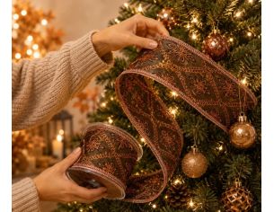 Ruban de Noël brun motifs floraux dorés cuivrés fil de fer intégré largeur 6cm longueur 9m
