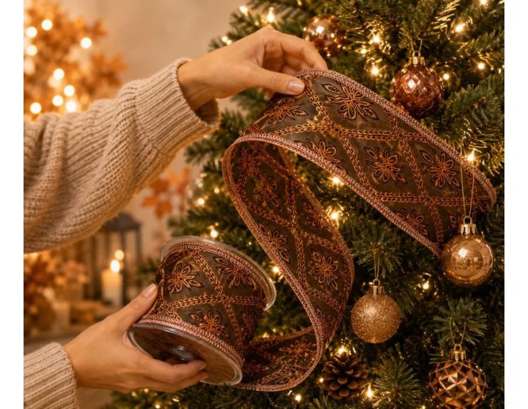 Ruban de Noël brun motifs floraux dorés cuivrés fil de fer intégré largeur 6cm longueur 9m