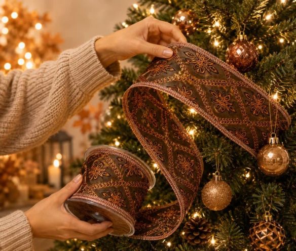 Ruban de Noël brun motifs floraux dorés cuivrés fil de fer intégré largeur 6cm longueur 9m